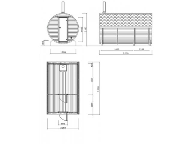 Чертеж бани бочки 3м