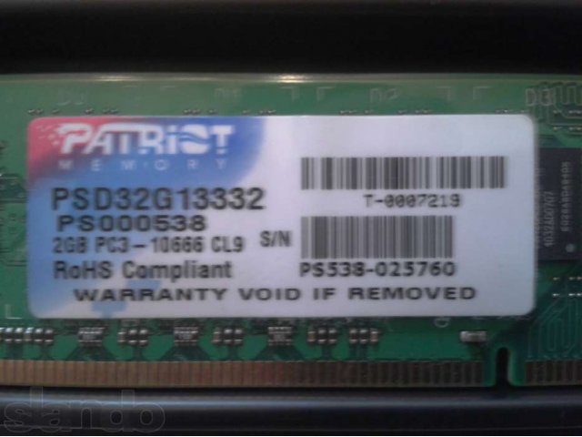 Оперативная память DDR-3 Patriot, 2x2gb, pc3-10666, cl-9, 500 руб. в городе Курск, фото 3, Курская область