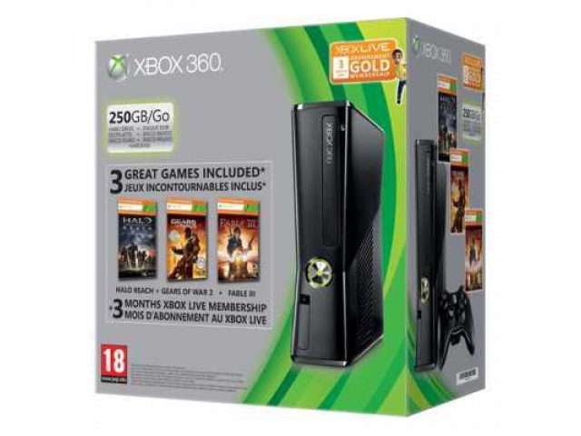 Приставка Microsoft Xbox 360 S 250 Gb + Gears of War 2 + Halo Reach + Fable3 + 3M Live Gold в городе Уфа, фото 1, стоимость: 11 870 руб.