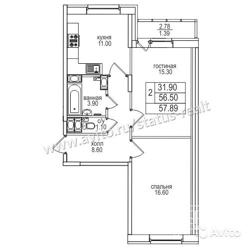 2-к квартира, 57.8 м², 20/26 эт. в городе Санкт-Петербург, фото 5, телефон продавца: +7 (812) 389-32-32