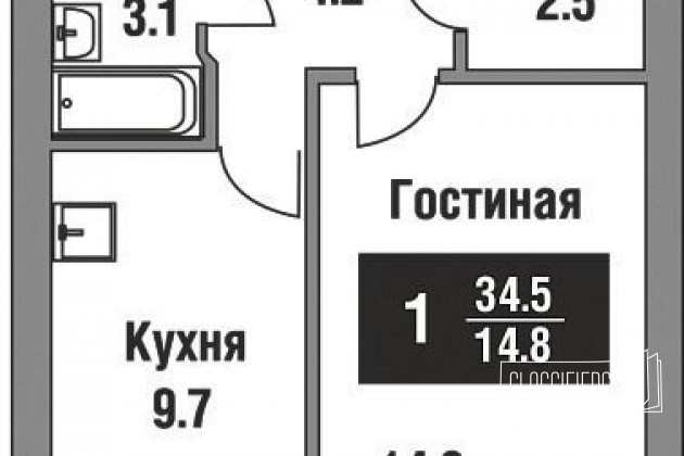 1-к квартира, 34.5 м², 4/14 эт. в городе Тюмень, фото 1, стоимость: 1 780 000 руб.