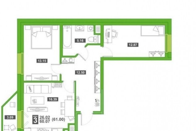 2-к квартира, 60 м², 8/19 эт. в городе Тюмень, фото 2, Тюменская область