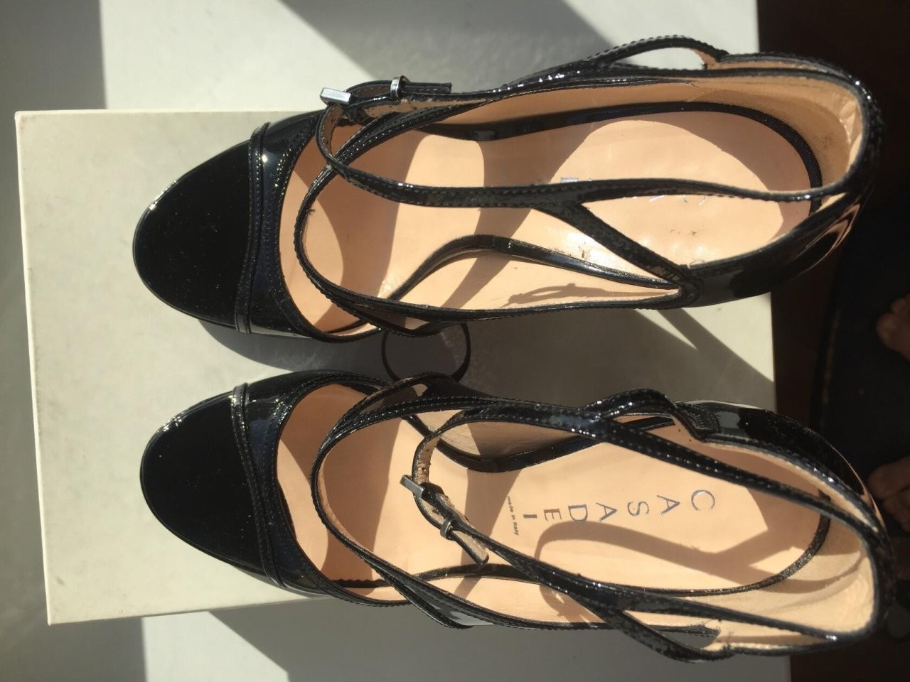 Босоножки туфли casadei италия 39 размер черные лак кожа платформа 1 см каблук шпилька 11 см одевали в городе Москва, фото 3, стоимость: 35 500 руб.