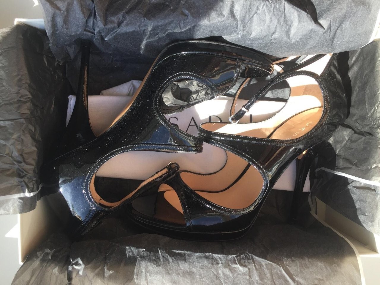Босоножки туфли casadei италия 39 размер черные лак кожа платформа 1 см каблук шпилька 11 см одевали в городе Москва, фото 4, Женская обувь