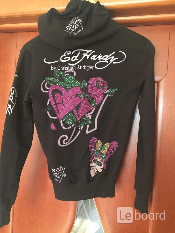 Толстовка новая ed hardy 46 м черная замок капюшон хлопок стразы сваровски металл цветы розовые крис в городе Москва, фото 1, Московская область